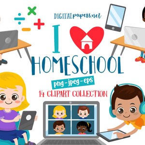 May include: Clip art collection of children learning at home.  The illustrations feature children using laptops, tablets, and video conferencing.  The text reads "I ♥ Homeschool" and "14 Clipart Collection".