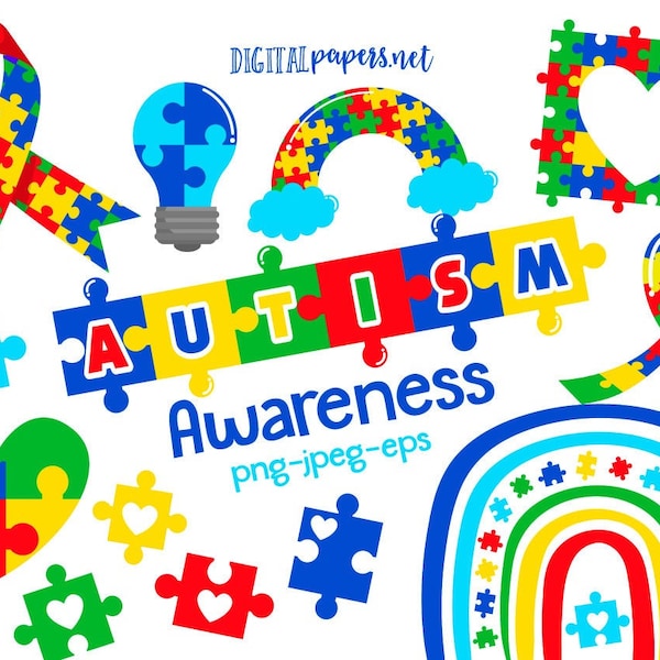 Autism Awareness Clipart, Autism Ribbon, Autism Puzzle Clipart, Rainbow Clipart, Autism Day, Light it up Blue, COMMERCIAL, INSTANT DOWNLOAD