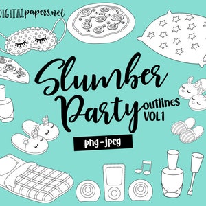 Slumber Party Clipart, Outlines Pajama Party, Sleepover Clip Art, PNG Clipart, Commercial Use, Instant Download