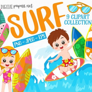 Clipart Surf, Clipart Surfing, Clipart Lato, Clipart Tropikalny, Clipart Plaża, Użytek Komercyjny, Natychmiastowe Pobieranie