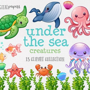 Under the Sea Clipart, Jellyfish Clipart, Turtle Clipart, Under the Sea Party, Turtle Clipart, COMMERCIAL use allowed, INSTANT DOWNLOAD