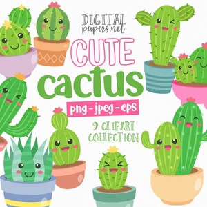 May include: A collection of nine cartoon cactus illustrations in various pots. The cacti are green with smiling faces and small pink or yellow flowers. The text "CUTE cactus" is displayed in pink and green.