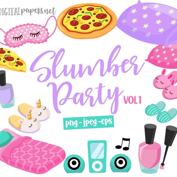 Slumber Party Clipart, Pajama Party, Sleepover Clip Art, PNG Clipart, EPS Vector, Commercial Use, Instant Download