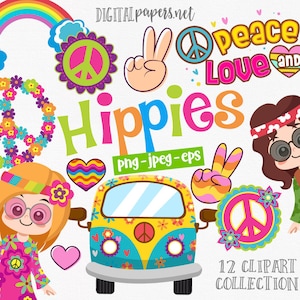 Hippie Clipart, Groovy Flowers, Retro  Clipart, 60s Clipart, Peace and Love, png clipart, eps vector, COMMERCIAL use, INSTANT DOWNLOAD