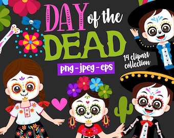 Day of the Dead Clipart, Dia de Muertos Clip Art, Png clipart, Eps vector, COMMERCIAL use, Sugar Skull Clipart, INSTANT DOWNLOAD