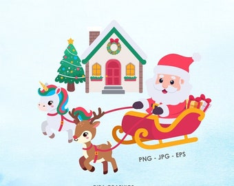 Santa Claus Clipart PNG, Christmas Unicorn and Reindeer, Christmas Cottage, Sleigh png Sublimation, INSTANT DOWNLOAD