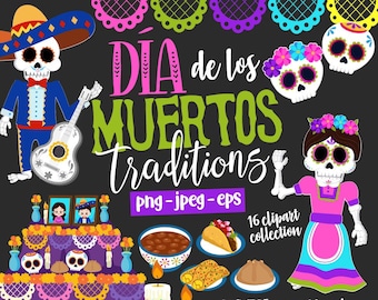 Day of the Dead Clipart, Dia de Muertos Clip Art, Png clipart, Eps vector, COMMERCIAL use, Sugar Skull Clipart, INSTANT DOWNLOAD