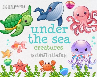 Under the Sea Clipart, Jellyfish Clipart, Turtle Clipart, Under the Sea Party, Turtle Clipart, COMMERCIAL use allowed, INSTANT DOWNLOAD