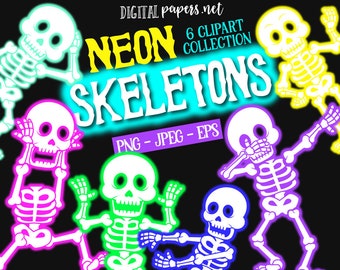Neon Halloween Skeleton Clipart: Dancing Skeletons (PNG, EPS, JPEG - Digital Download)
