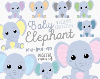 Könnte beinhalten: Ein Set mit neun digitalen Clipart-Bildern von Baby-Elefanten in verschiedenen Farben, darunter Rosa, Blau, Gelb, Grün und Grau. Jeder Elefant hat ein süßes, cartoonartiges Design mit großen Augen und einem kleinen Rüssel. Die Bilder sind perfekt zum Erstellen von Babyparty-Einladungen, Karten und anderen Bastelarbeiten.