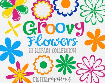 Hippie Flowers Clipart, Groovy Flowers, Retro Flower Clipart, 60s Clipart, COMMERCIAL use allowed, INSTANT DOWNLOAD