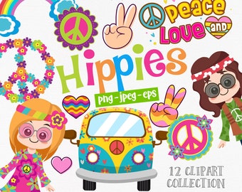 Groovy Hippie Clipart: 60s Flowers, Peace & Love (PNG, EPS)