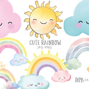Imágenes Prediseñadas de arco iris, imágenes prediseñadas de acuarela, imágenes prediseñadas de nubes, imágenes prediseñadas de sol, pequeño sol, Baby Shower, DESCARGA INSTANTE
