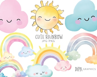 Watercolor Rainbow Clipart: Sun & Cloud Graphics (Digital Download)