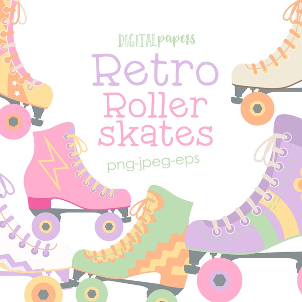 Retro Roller Skates Clipart, Skates Clipart, Vintage Rollerskates Graphics, Roller Skating Party, Vector, Commercial, INSTANT DOWNLOAD