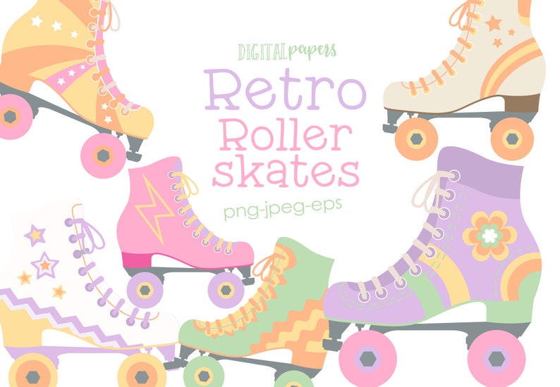 Puede incluir: Cuatro pares de patines de ruedas retro con diferentes patrones coloridos. Los patines tienen botas rosas, amarillas, verdes y moradas con cordones blancos. Las ruedas son negras con detalles rosas, amarillos y morados. El texto "Digital Papers Retro Roller Skates png-jpeg-eps" est&aacute; escrito en verde y morado.