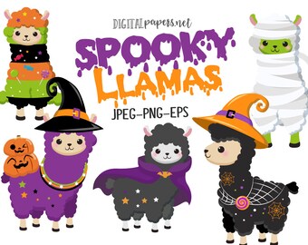 May include: Five Halloween-themed llama illustrations. One llama is wearing a witch's hat, another is wearing a mummy costume, another is wearing a vampire costume, another is wearing a pumpkin costume, and another is wearing a spiderweb costume. The text "SPOOKY LLAMAS" is written in purple and orange letters above the llamas.