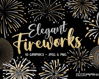 Elegant Fireworks Clipart, New Years eve clipart, Christmas, Fire works clipart, Gold and Silver, Commercial Use, INSTANT DOWNLOAD