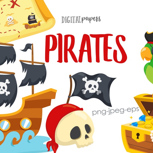 Pirate Clipart, Pirate Ship Clipart, Vector, Treasure, Parrot, Skull, Map Clipart, Hook, Flag, Commercial, INSTANT DOWNLOAD