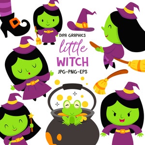 Puede incluir: Un conjunto de gráficos de brujas de dibujos animados. Las brujas tienen piel verde, cabello negro y visten vestidos y sombreros morados con detalles amarillos. Una bruja vuela en una escoba. Incluye el texto "little witch" y "DIPA GRAPHICS".