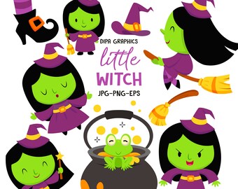 Little Witch Halloween Clipart, Cauldron, Witch Hat, Witch Legs, Broomstick, Cute Halloween Vector PNG Sublimation Clipart, Commercial Use