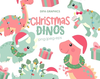 Christmas Dinosaur Clipart Graphics, Dinosaur PNG Sublimation, Commercial Use, INSTANT DOWNLOAD