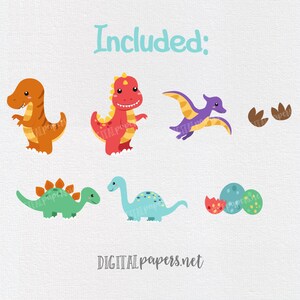 May include: A set of colorful dinosaur illustrations, including a red, orange, green, blue, and purple dinosaur, as well as dinosaur eggs and footprints. The text "Included:" is at the top of the image.