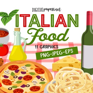 Italian Food Clipart, Pizza Clipart, Spaghetti, Wine Bottle, Trattoria, Vector Clipart, Commercial Use, INSTANT DOWNLOAD