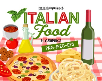 Italienisches Essen Clipart: Pizza, Spaghetti, Wein (PNG, JPEG, EPS) (Digital Download)
