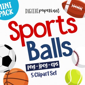 Sports Balls Clipart, Baseball Clipart, Soccer ball, Tennis ball, Football, Basketball Clip Art, Commercial Use, INSTANT DOWNLOAD