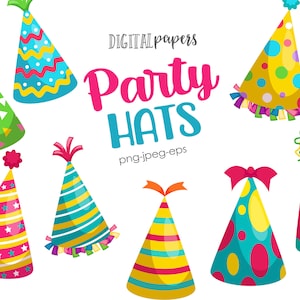 Clipart de sombreros de fiesta coloridos: Gráficos vectoriales de cumpleaños (descarga instantánea)