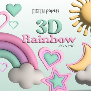 3D Aufgeblasene Regenbogen Clipart, 3d Bubble Puff Clipart, PNG Clipart, Ton, Regenbogen, Sonne, Wolke, Sublimation, kommerziell, INSTANT DOWNLOAD