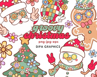 Retro Christmas Clipart: Groovy Holiday Graphics (PNG, JPEG, EPS)