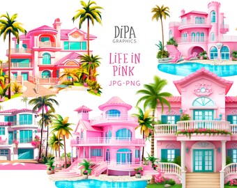 Pink House Clipart, Doll Mansion Clipart, Doll House, Pool Party Clipart, House Clipart, Malibu, INSTANT DOWNLOAD