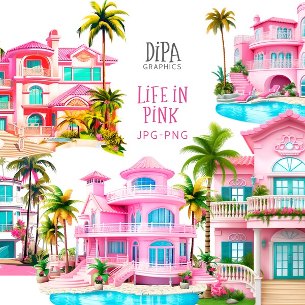 Pink House Clipart, Doll Mansion Clipart, Doll House, Pool Party Clipart, House Clipart, Malibu, INSTANT DOWNLOAD