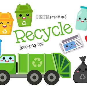 Recycle Clipart, Trash Clipart, Kawaii Garbage Clipart, Earth Day, Trash Bin Clipart,  Instant Download, COMMERCIAL, INSTANT DOWNLOAD