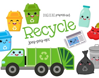 Clipart de reciclaje kawaii: Gráficos del Día de la Tierra (PNG, JPEG, EPS)