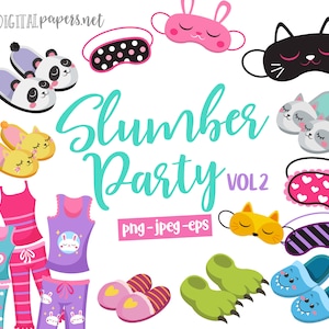 Slumber Party Clipart, Pajama Party, Sleepover Clip Art, Cute Slippers, PNG Clipart, EPS Vector, Commercial Use, Instant Download