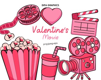 Valentine's Day Movie PNG, Retro Clipart, Pop Corn Clipart, Movie Night png, Retro Movie Clipart, Instant Download