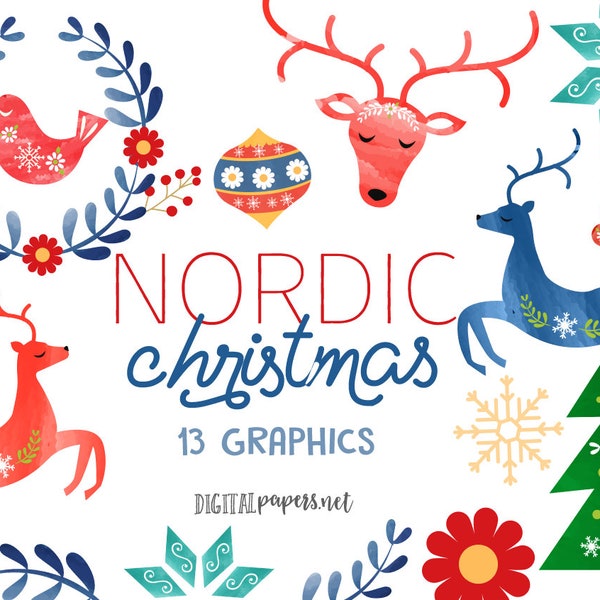 Nordic Christmas Clipart, Scandinavian, Deer, Reindeer Clipart, Winter, Christmas Clip art, Commercial use allowed, INSTANT DOWNLOAD