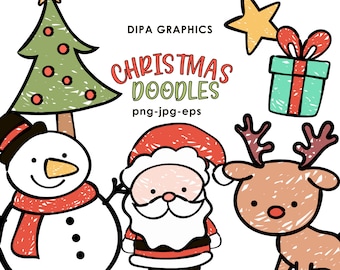 Christmas Doodles Clipart: Santa, Snowman, Reindeer (PNG, EPS, JPG Instant Download)
