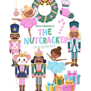 Op de afbeelding: Een set kleurrijke illustraties met een Nussknacker-thema met een ballerina, een Nussknacker-soldaat, een muis, een krans, een snoepstok, een kous en cadeaus. De tekst "The Nutcracker" is geschreven in roze en blauwe letters.