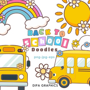 Puede incluir: Un conjunto de garabatos coloridos de vuelta a la escuela con un arcoíris, sol, nubes y dos autobuses escolares amarillos con flores. El texto "Back to School Doodles" está escrito en letras de colores.