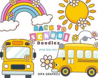 Back to School Doodles Clipart: Yellow School Bus, Rainbow (Digital Download)