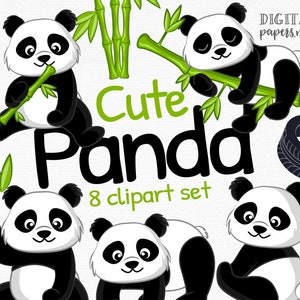 Panda Clipart, Animal Clipart, Panda Party, Baby Panda, Panda Graphics, Black, White and Green, Commercial Use, Instant Download