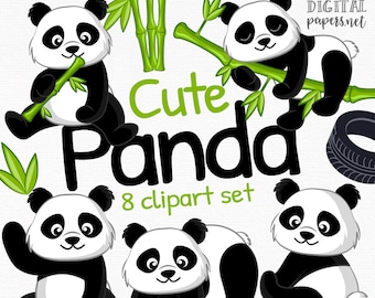 Panda Clipart, Tier Clipart, Panda Party, Baby Panda, Panda Grafiken, schwarz, weiß und grün, kommerzielle Nutzung, Instant Download