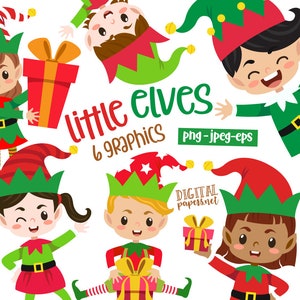 May include: Six illustrations of elves wearing green and red elf hats and outfits. The elves are holding presents and smiling. The text "little elves 6 graphics png - jpeg - eps" is in the center of the image.