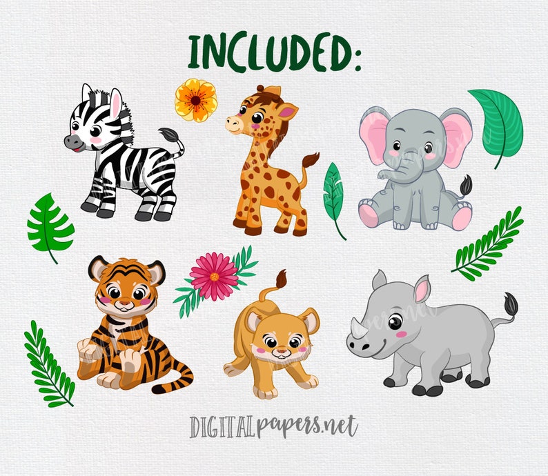 Puede incluir: Un conjunto de ilustraciones de animales lindos que incluyen una cebra, una jirafa, un elefante, un tigre, un le&oacute;n y un rinoceronte. Todos los animales son de estilo de dibujos animados y tienen colores brillantes. El texto "INCLUDED" est&aacute; en la parte superior de la imagen.