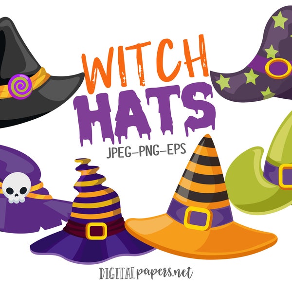 Witch Hats, Halloween Clipart, Halloween Hat Clipart, Halloween Party, Witch, Costume Party, Skeleton, Commercial Use, INSTANT DOWNLOAD