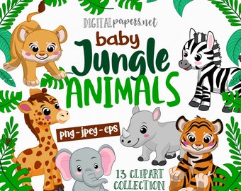 Dschungeltiere Clipart: Baby Zebra, Elefant, Löwe (PNG, JPEG, EPS)